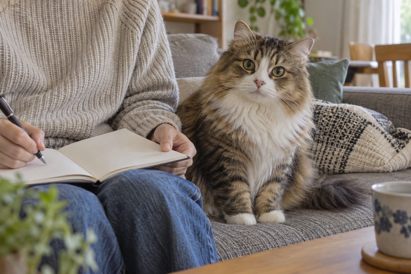 ソファの上でノートを広げた人の隣に座り、こちらを見るブラウンタビーと白のラガマフィンの成猫