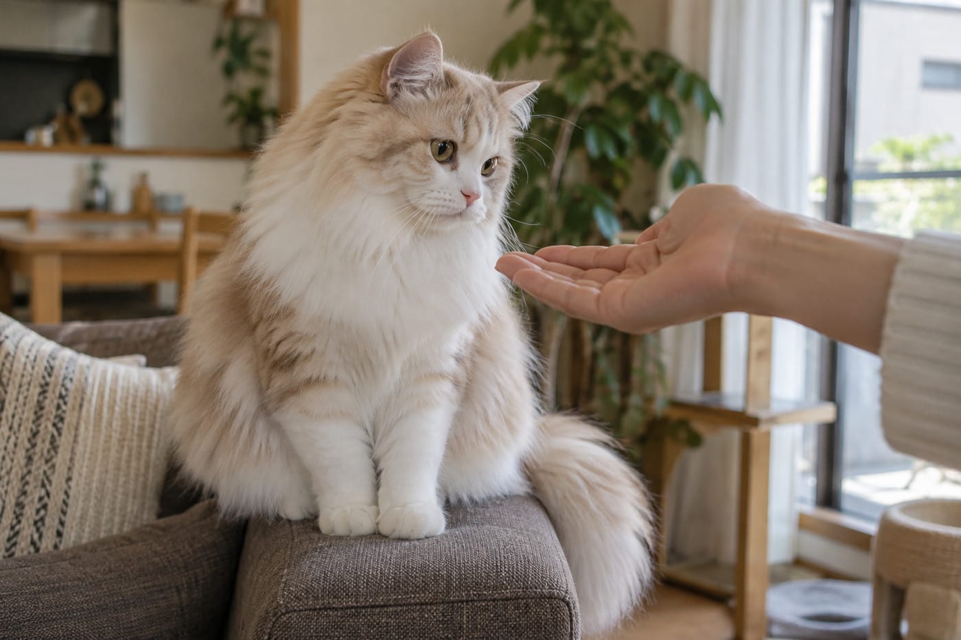 ソファの肘掛けに座り、差し出された人の手を静かに見つめるクリーム色の長毛のラガマフィン