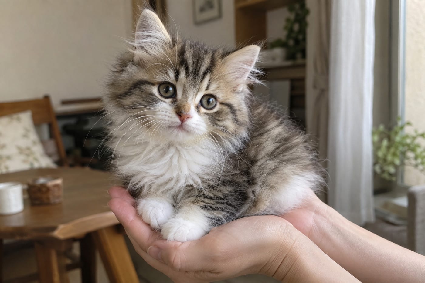 大人の両手のひらにおさまる、生後2か月ほどのラガマフィンの子猫。毛はふんわり長い