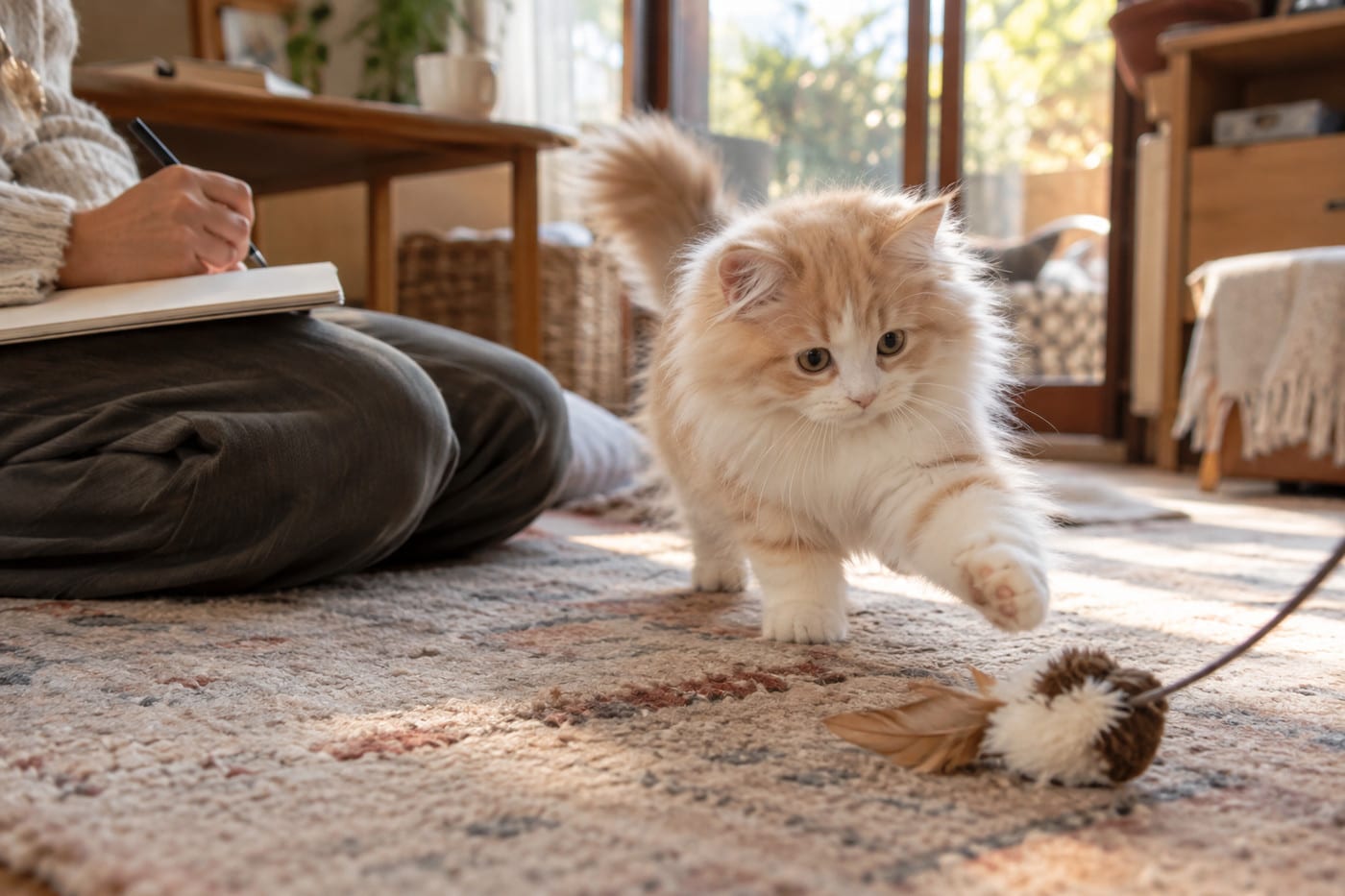 ノートとペンを手に、床で遊ぶラガマフィンの子猫の様子を見ながら、質問を書き留める人