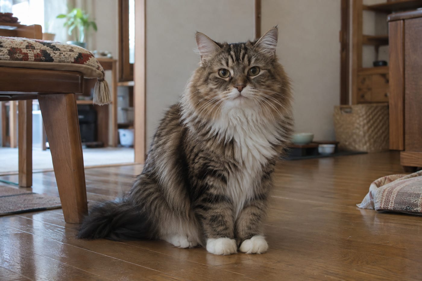 床に座ってこちらを見る成猫のラガマフィン。ふさふさの被毛と、肩幅の広いがっしりした体つきが分かる全身写真