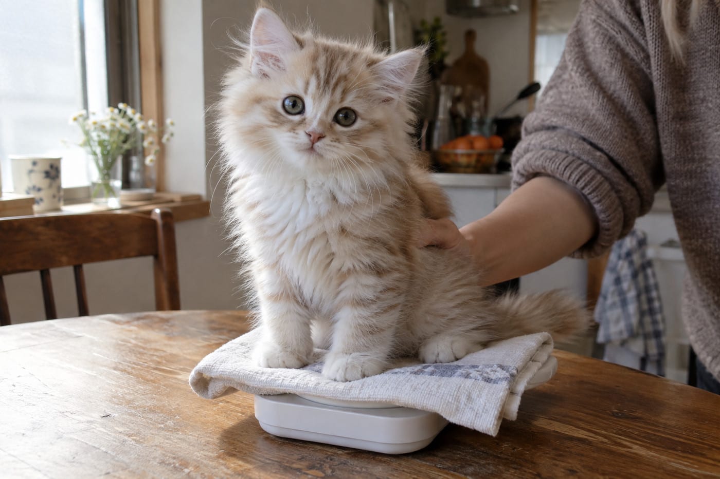 タオルを敷いたキッチンスケールの上に、ラガマフィンの子猫がちょこんと座り、飼い主の手が体を支えている様子