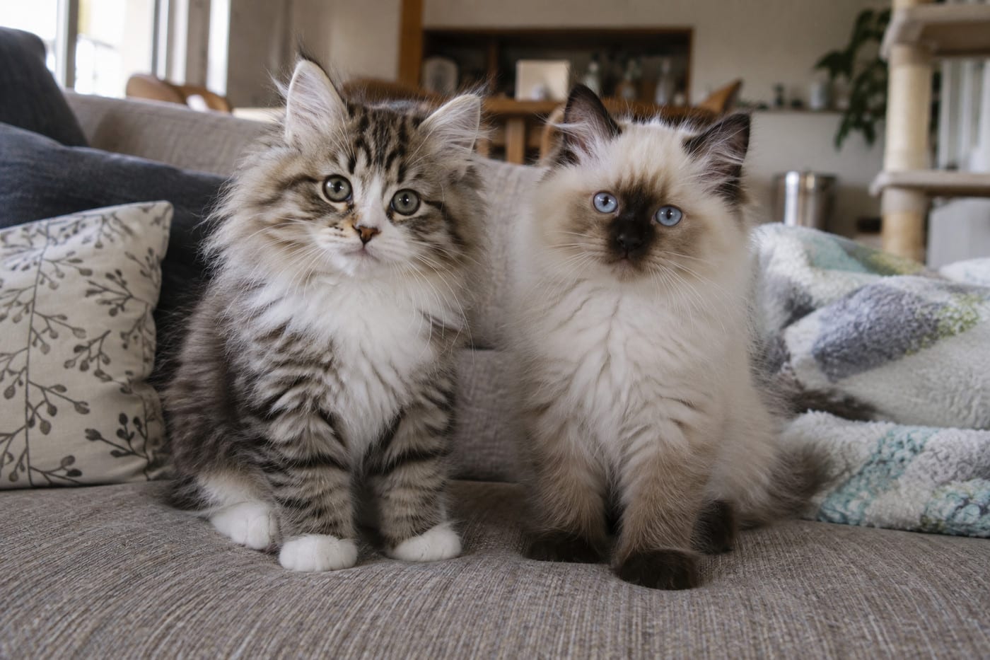 ソファの上に並んで座る、ほぼ同じ月齢のラガマフィンの子猫とラグドールの子猫