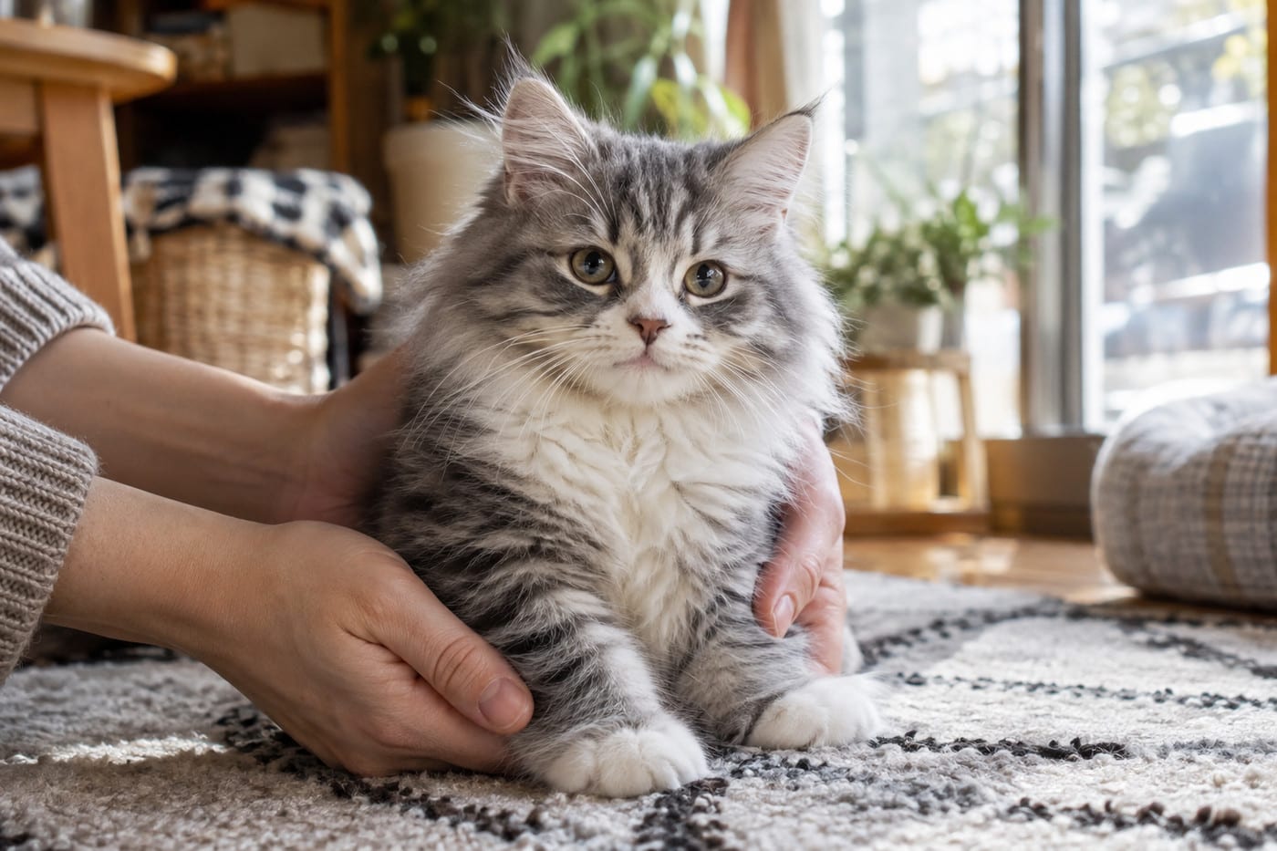 ラガマフィンの子猫の脇腹に、飼い主が両手をそっと添えて、体つきを確かめている様子