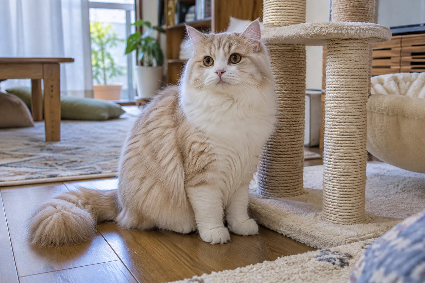 太い柱のキャットタワーのそばに座る、ラガマフィンの若い猫