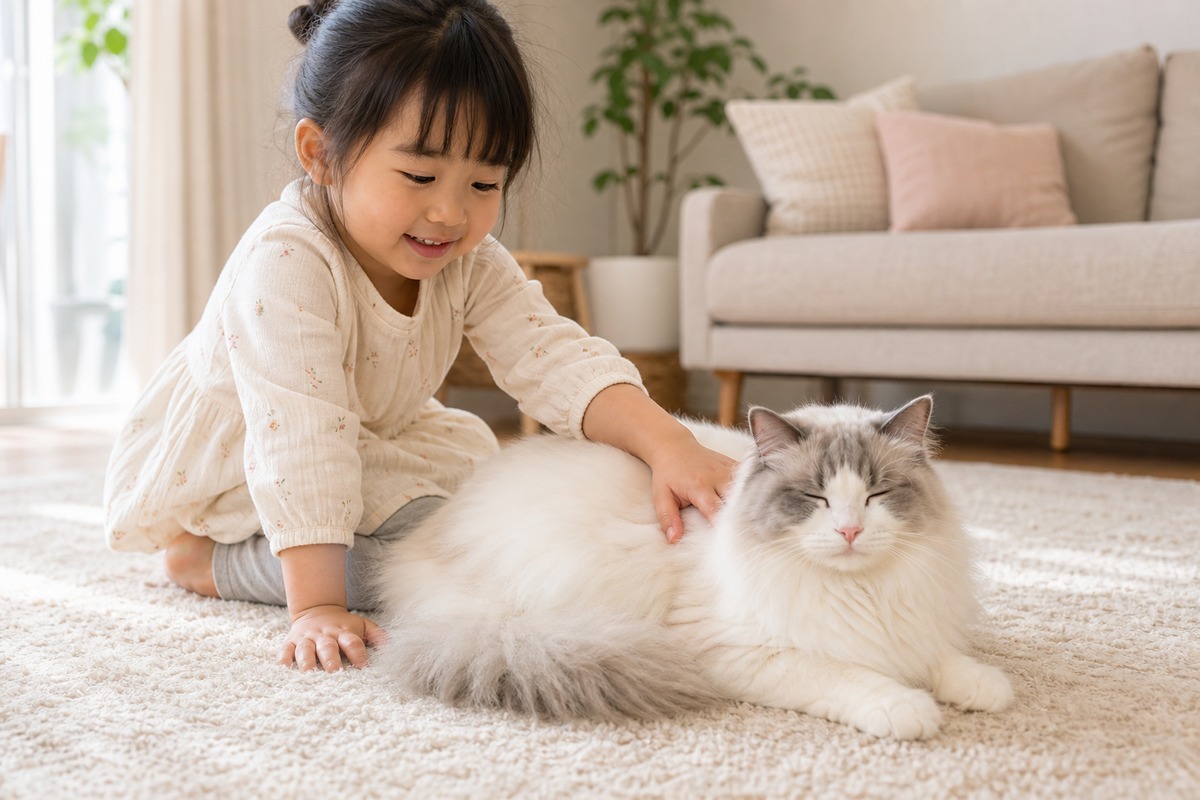 子どもに撫でられても穏やかなラガマフィン