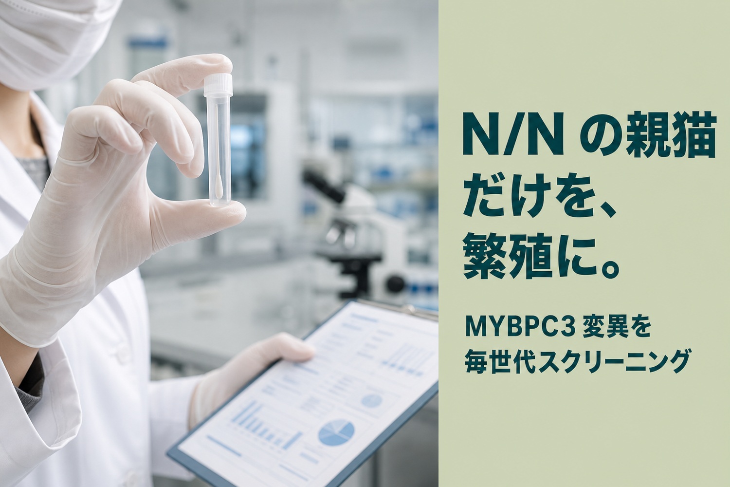 ラボでDNA検体チューブを掲げる検査技師。N/Nの親猫だけを繁殖に、MYBPC3変異を毎世代スクリーニング