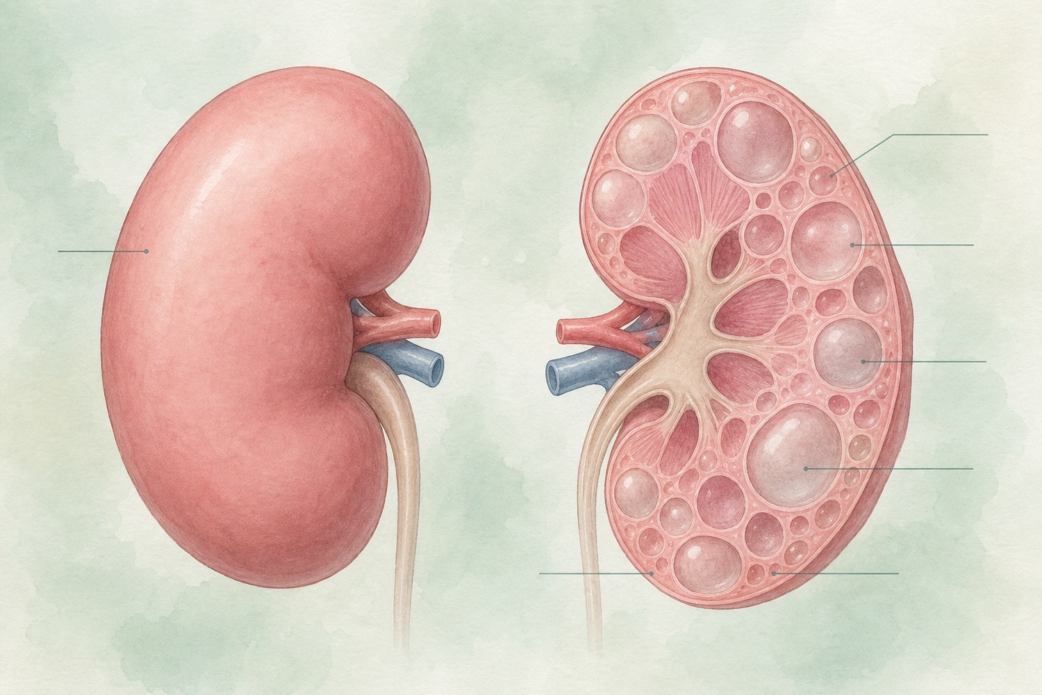 健康な腎臓（左）とPKDで嚢胞が広がった腎臓の断面（右）を並べた水彩の医学イラスト。嚢胞を控えめに表現した非グロな比較図