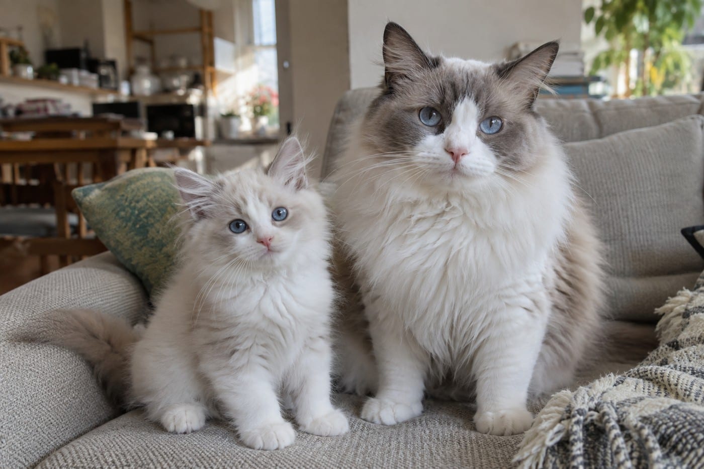 ソファの上で並ぶ、ブルーポイントバイカラーの子猫と成猫。子猫のほうが耳としっぽの色が淡く、成猫は濃い灰色