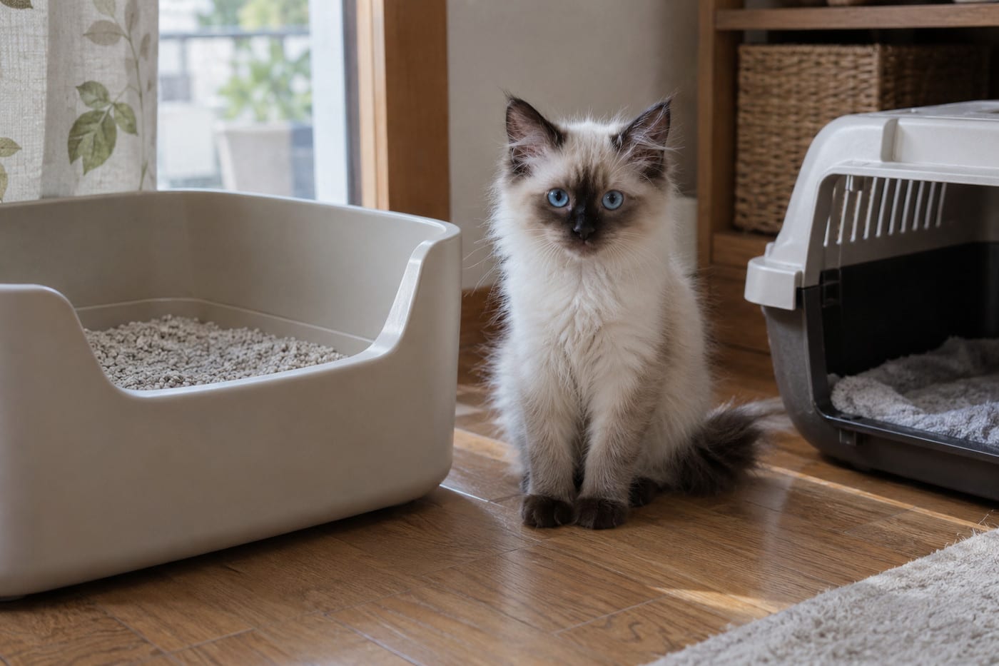 床に置かれた大きめの猫トイレとキャリーケースの横で、背すじを伸ばして座るラグドールの子猫