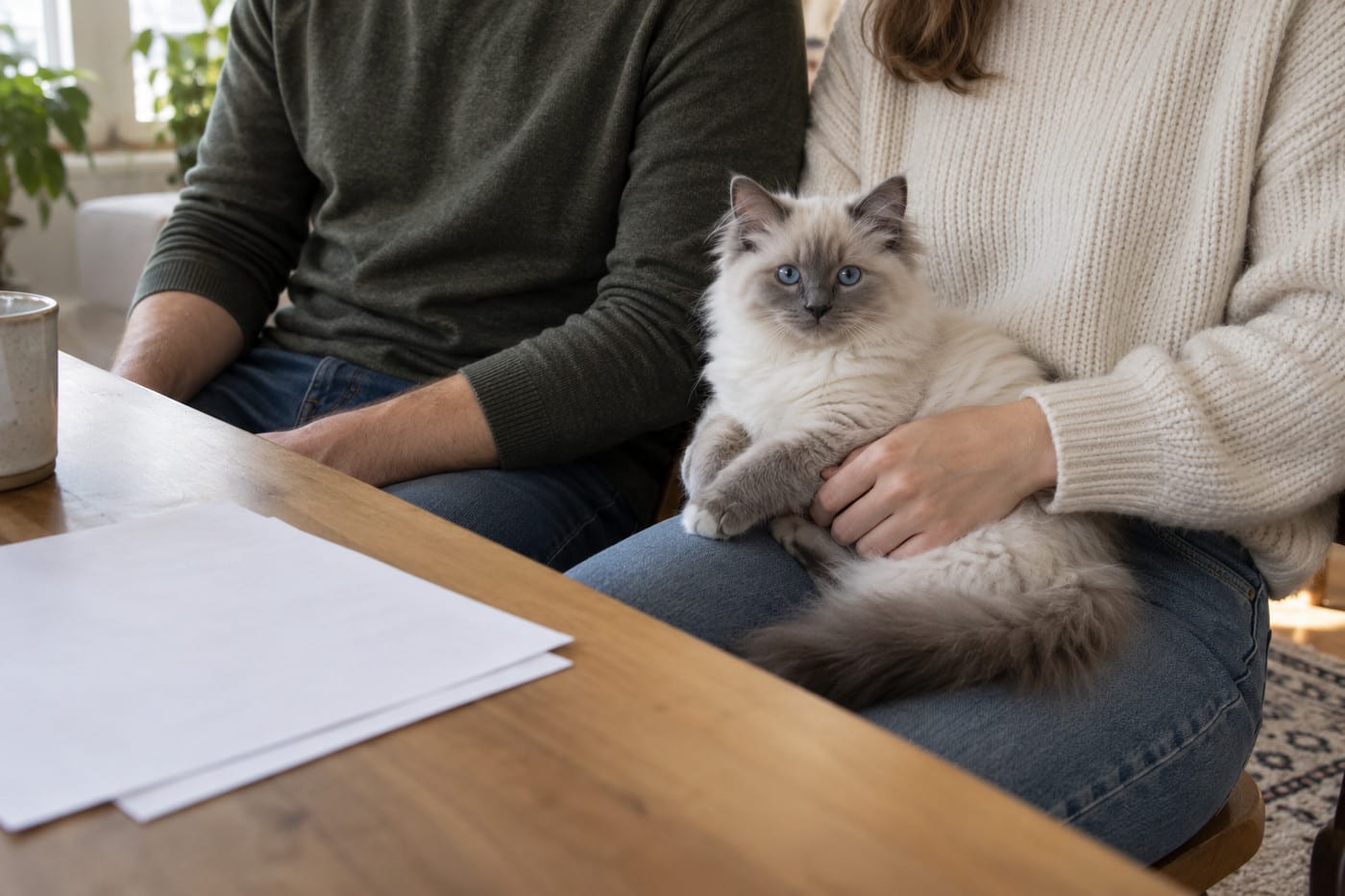 見学室のテーブルで、子猫を膝に乗せて説明を聞く夫婦。子猫は青い目のラグドール