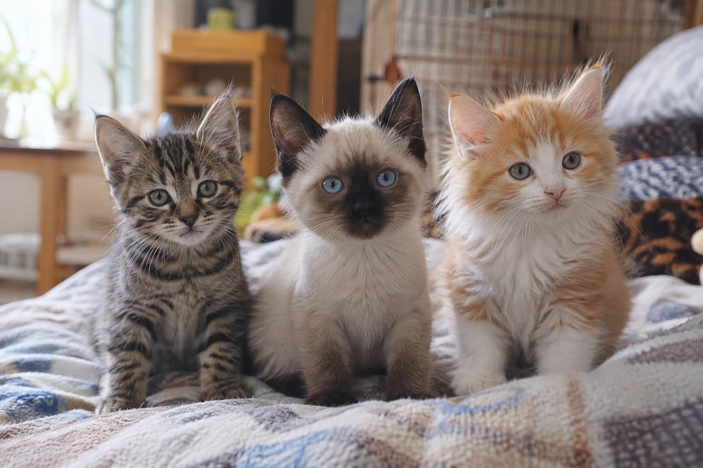 毛布の上に並んで座る3匹の子猫。左は短毛のキジトラ、中央は耳・顔・足先だけが濃い短毛で青い目、右はふさふさの長毛の茶白
