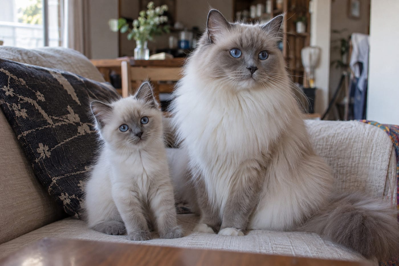 ソファの上で並ぶ、毛が短めのブルーポイントのラグドールの子猫と、ふさふさの長い毛のブルーポイントのラグドールの成猫