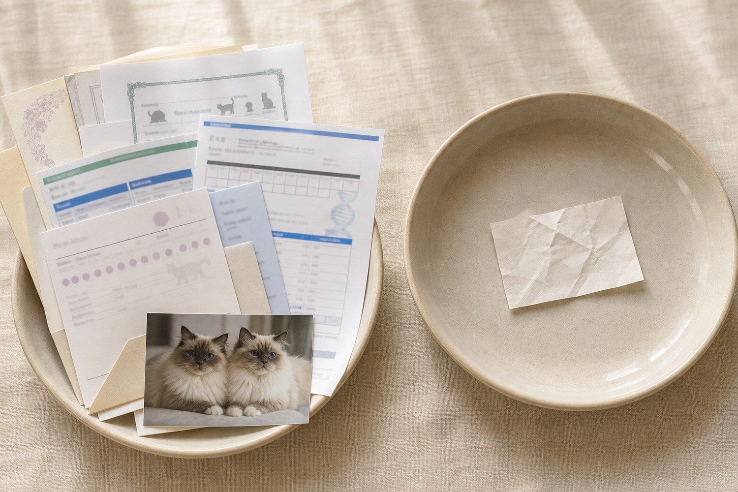 検査結果・血統書・親猫写真がきちんと揃った皿（左）と、白紙1枚しかない空の皿（右）の対比。適正価格に含まれるものと含まれないものの違い