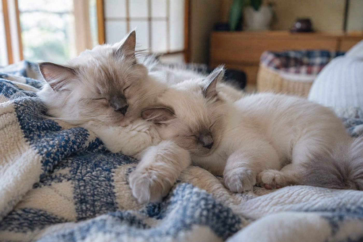 毛布の上で寄り添って眠る、体の大きさが少し違う2匹のラグドールの子猫