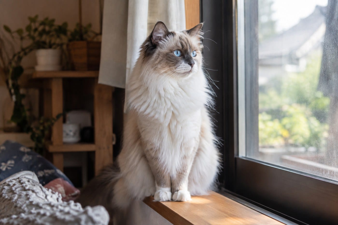 窓辺に座る、1歳前後のラグドール。成猫に近い大きさだが、顔つきと体つきにまだ若さが残っている