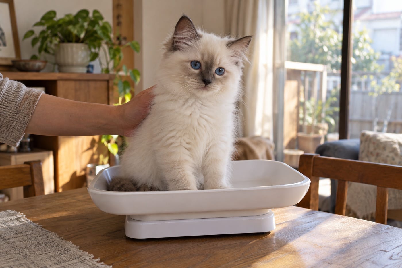 体重計の上でおとなしく座る、青い目のラグドールの子猫。後ろから人の手が体を支えている