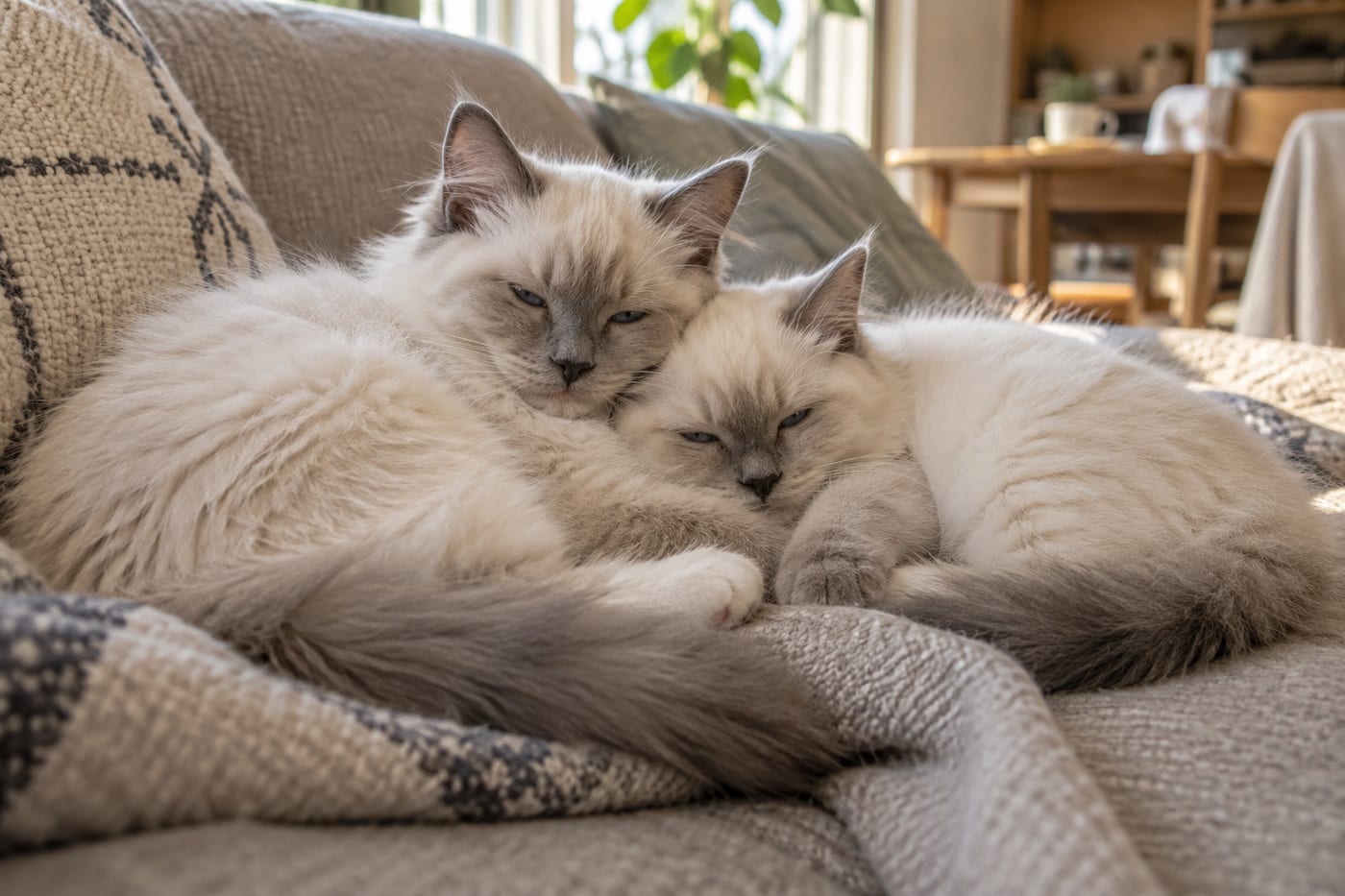 ソファの上で寄り添って眠る、青い目のラグドールの子猫2頭。1頭はもう1頭よりひと回り大きい