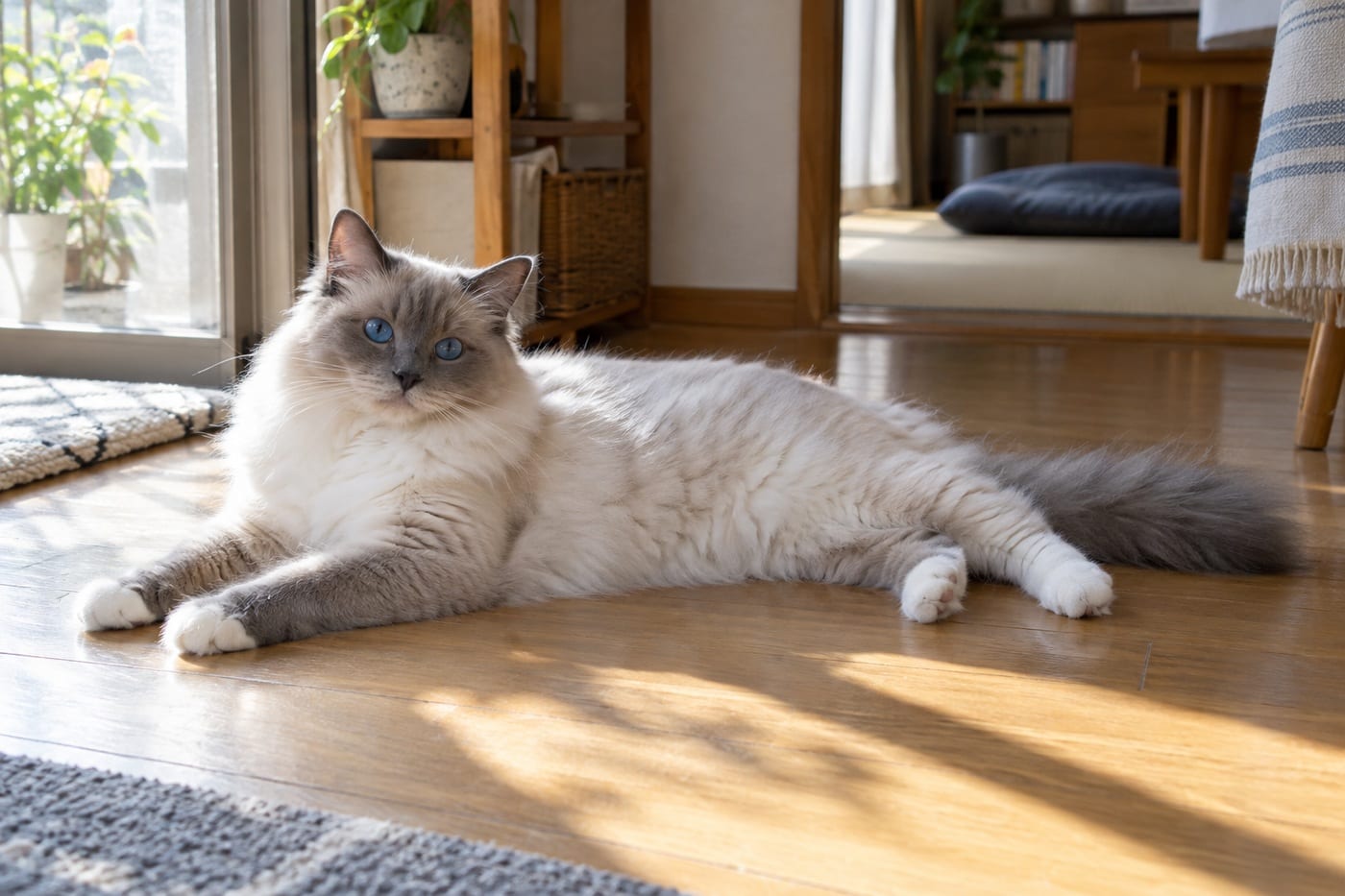 日だまりの床で横になってくつろぐ、青い目のラグドールの成猫