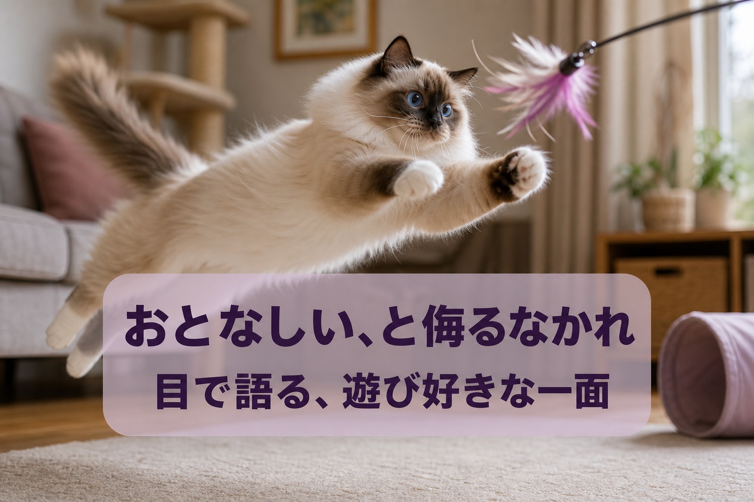 羽根のじゃらしめがけて勢いよく飛び跳ねるラグドール。おとなしい、と侮るなかれ——目で語る、遊び好きな一面