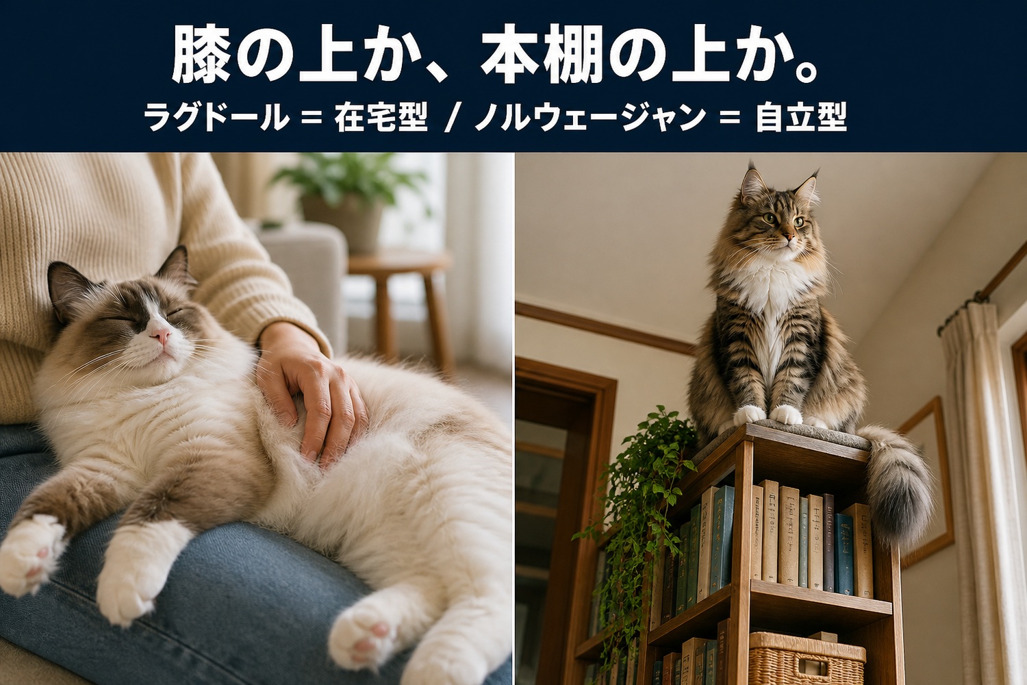 膝の上でくつろぐラグドール（左）と本棚の上から見渡すノルウェージャン（右）の対比。膝の上か、本棚の上か——ラグドール＝在宅型、ノルウェージャン＝自立型