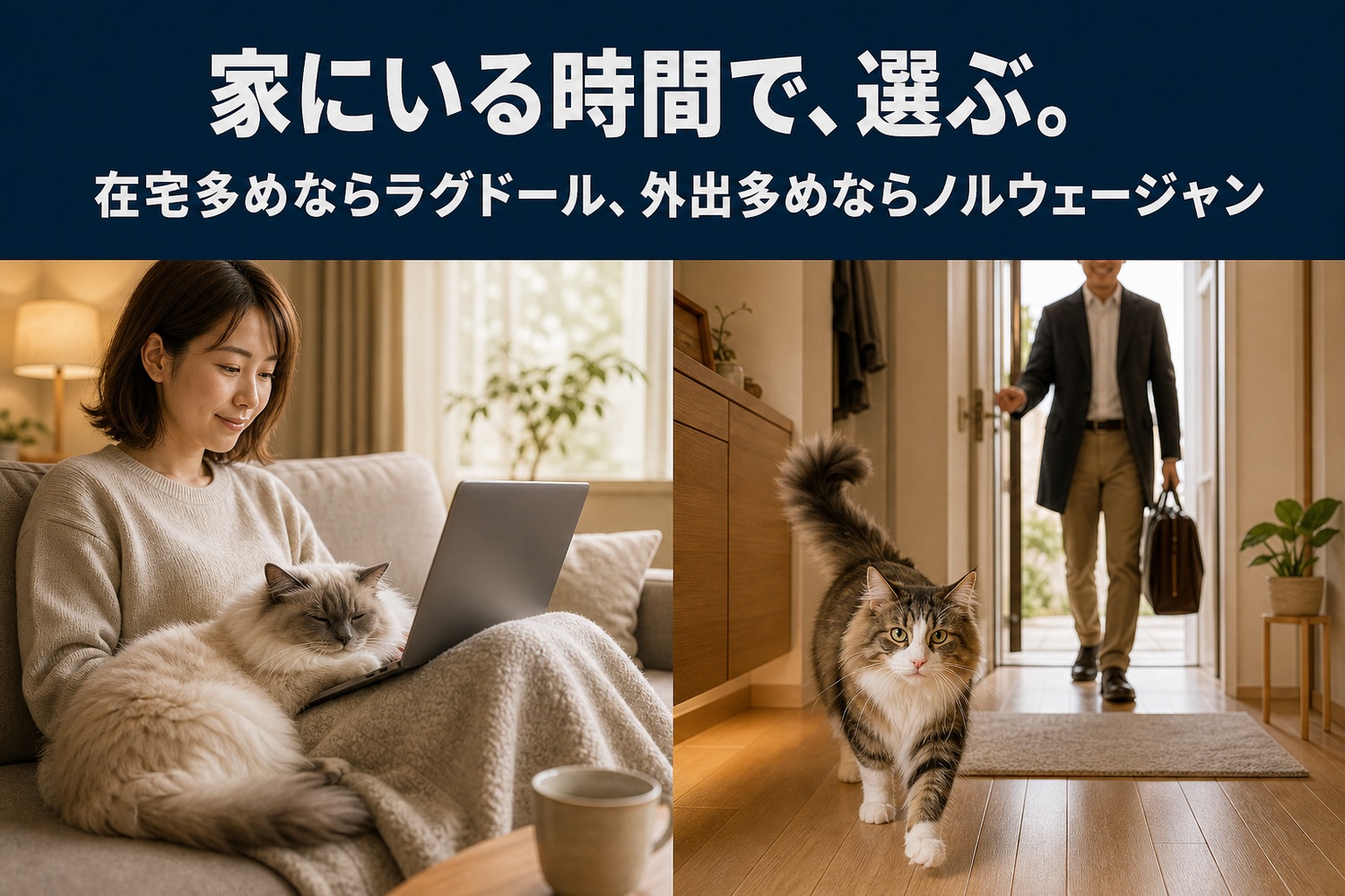 在宅でラグドールと過ごす人（左）と、帰宅をノルウェージャンに出迎えられる人（右）の対比。家にいる時間で選ぶ——在宅多めならラグドール、外出多めならノルウェージャン