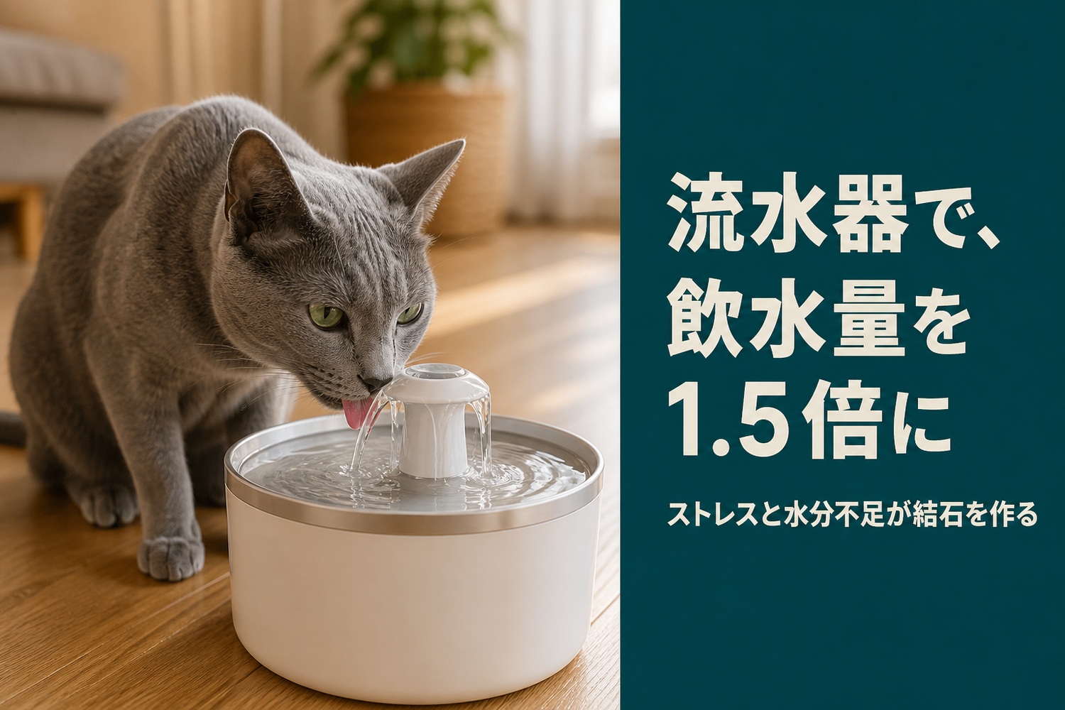 流水式給水器から水を飲むロシアンブルー。流水器で飲水量を1.5倍に、ストレスと水分不足が結石を作る