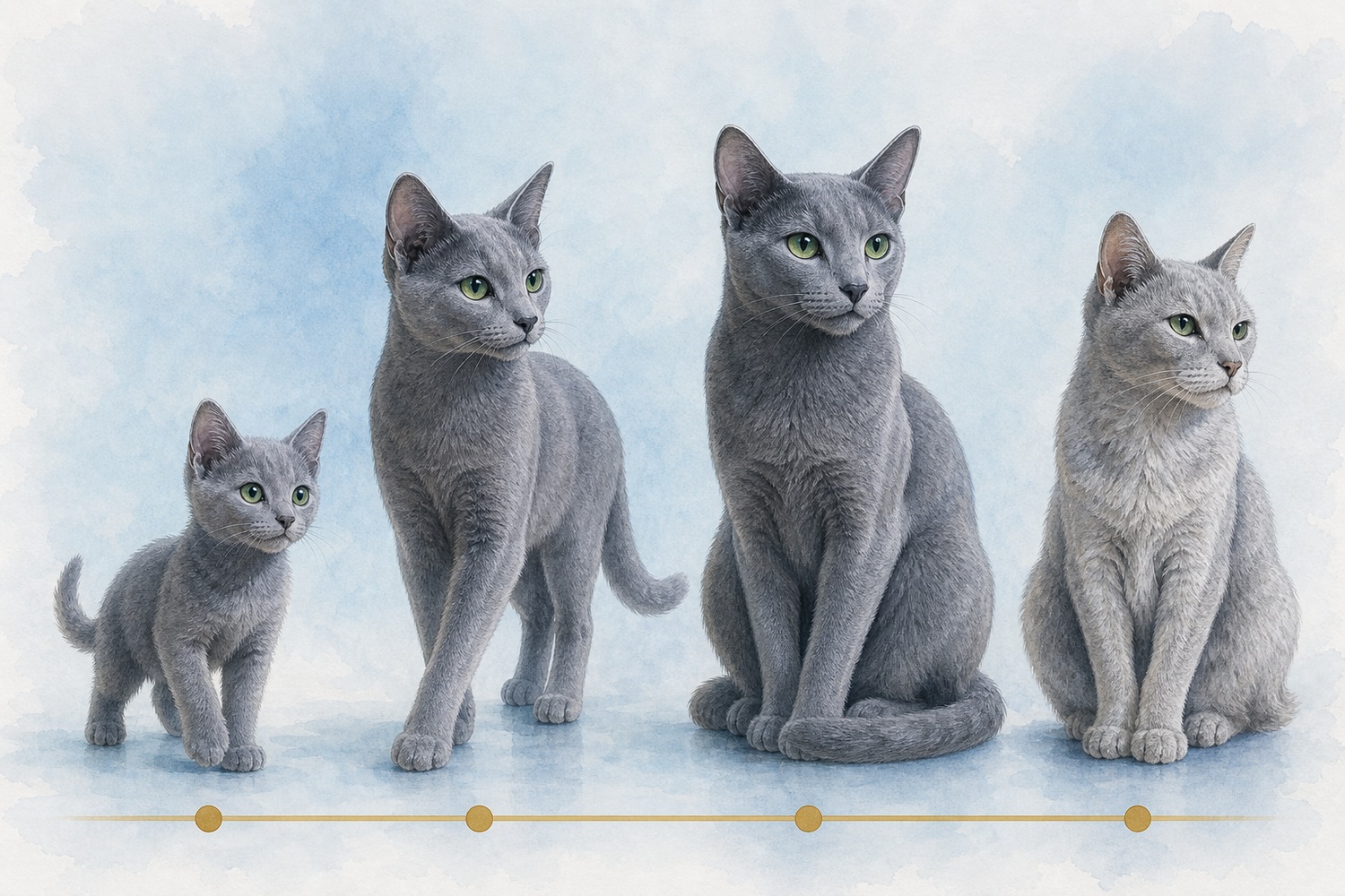 子猫・若齢・成猫・シニアの4段階を水彩で描いたロシアンブルーのライフステージ図。平均寿命12〜15年の一生