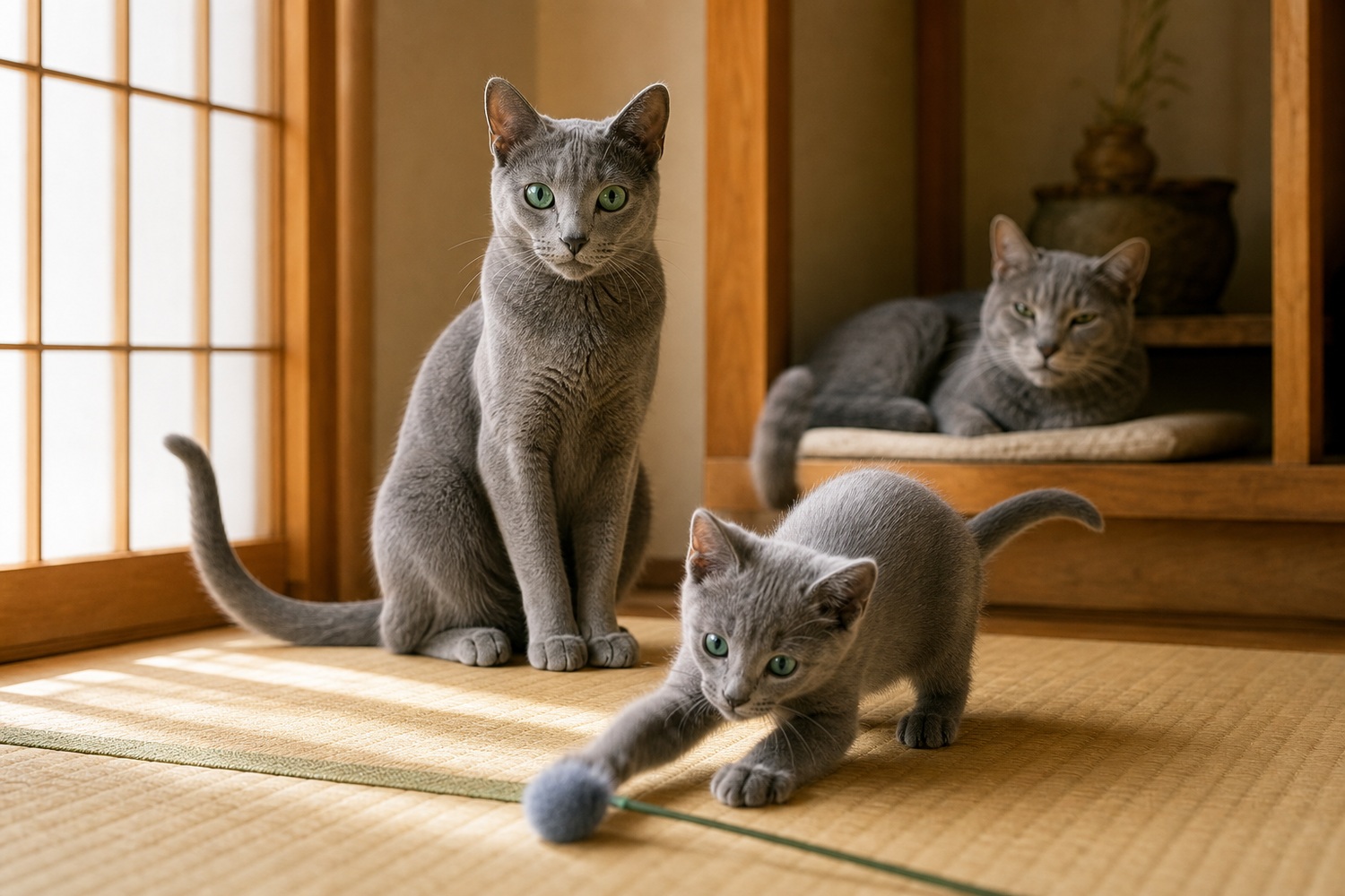 和室で、遊ぶ子猫・見守る成猫・棚で休むシニアの3世代のロシアンブルー。ライフステージごとにケアの重点が変わる