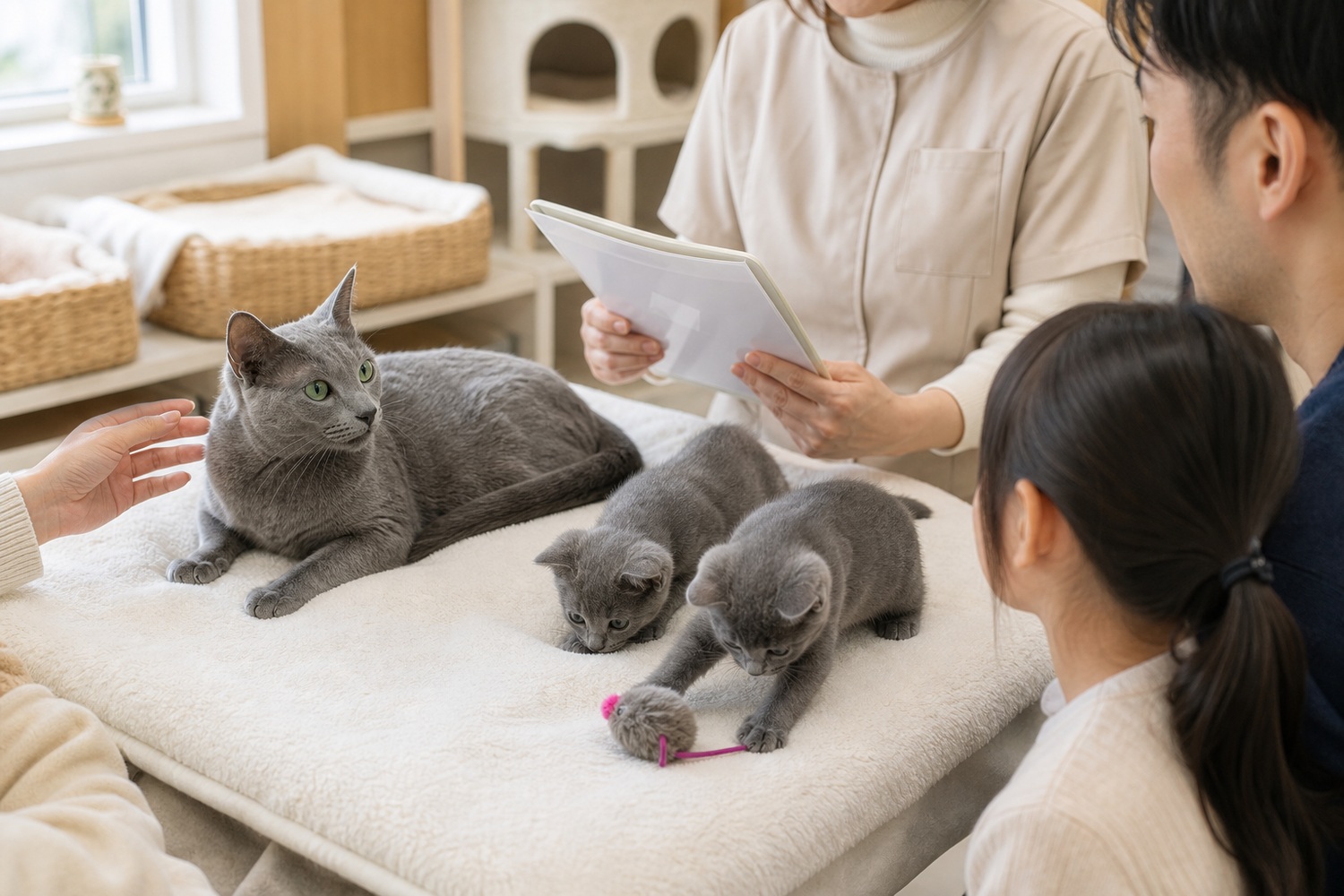 キャッテリーで母猫と2匹の子ロシアンブルーを見学する家族と、書類を手にしたスタッフ。親猫と環境を自分の目で確かめられるのがブリーダー直販の強み