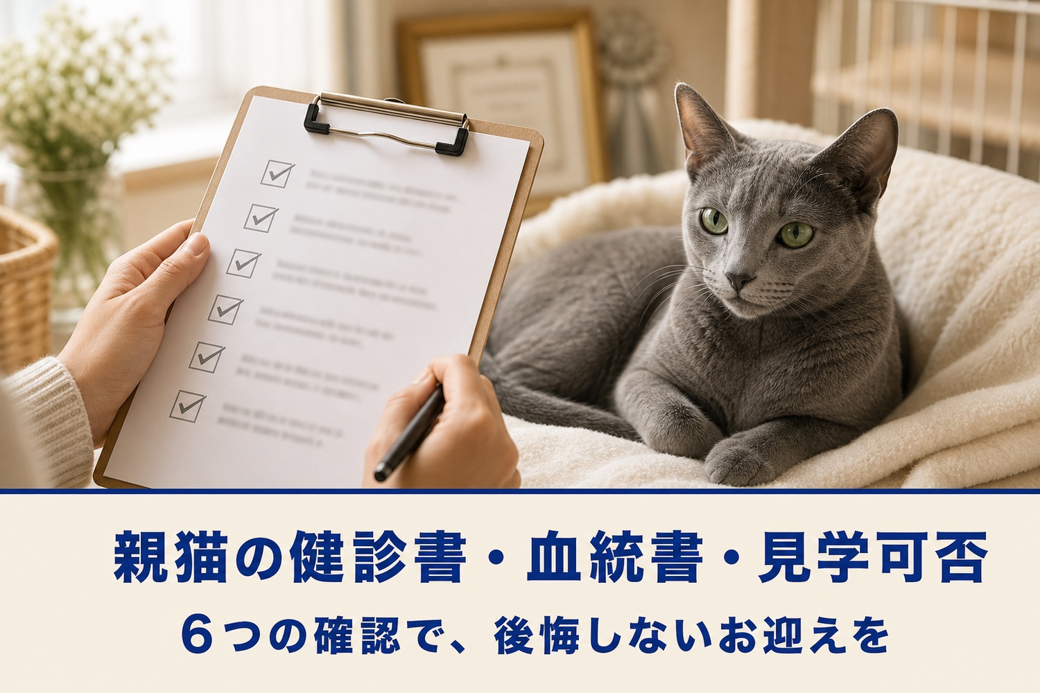 チェックリストを記入する手と、そばで穏やかに休むロシアンブルー。親猫の健診書・血統書・見学可否、6つの確認で後悔しないお迎えを