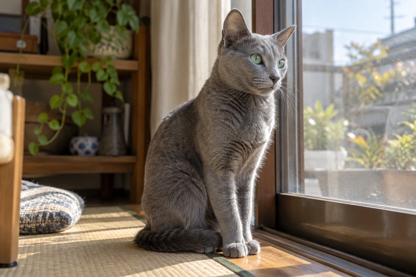 日の当たる窓辺に座る、むらのない青みがかった灰色の短毛で、緑の目をした細身のロシアンブルー