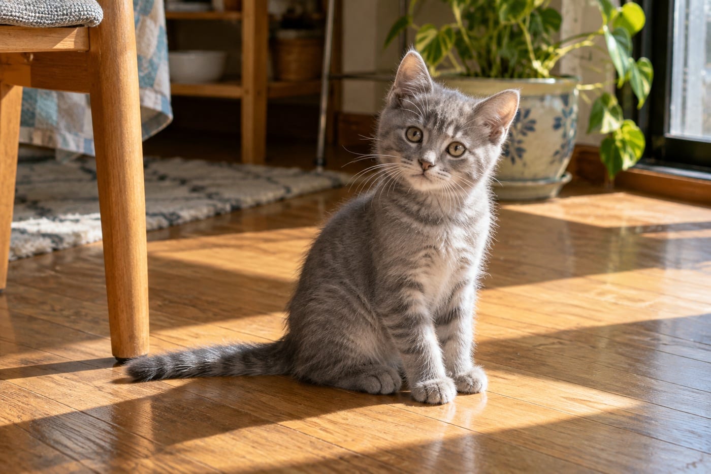日だまりに座る、うっすらと縞が見える灰色の子猫。目は黄色みがかっている