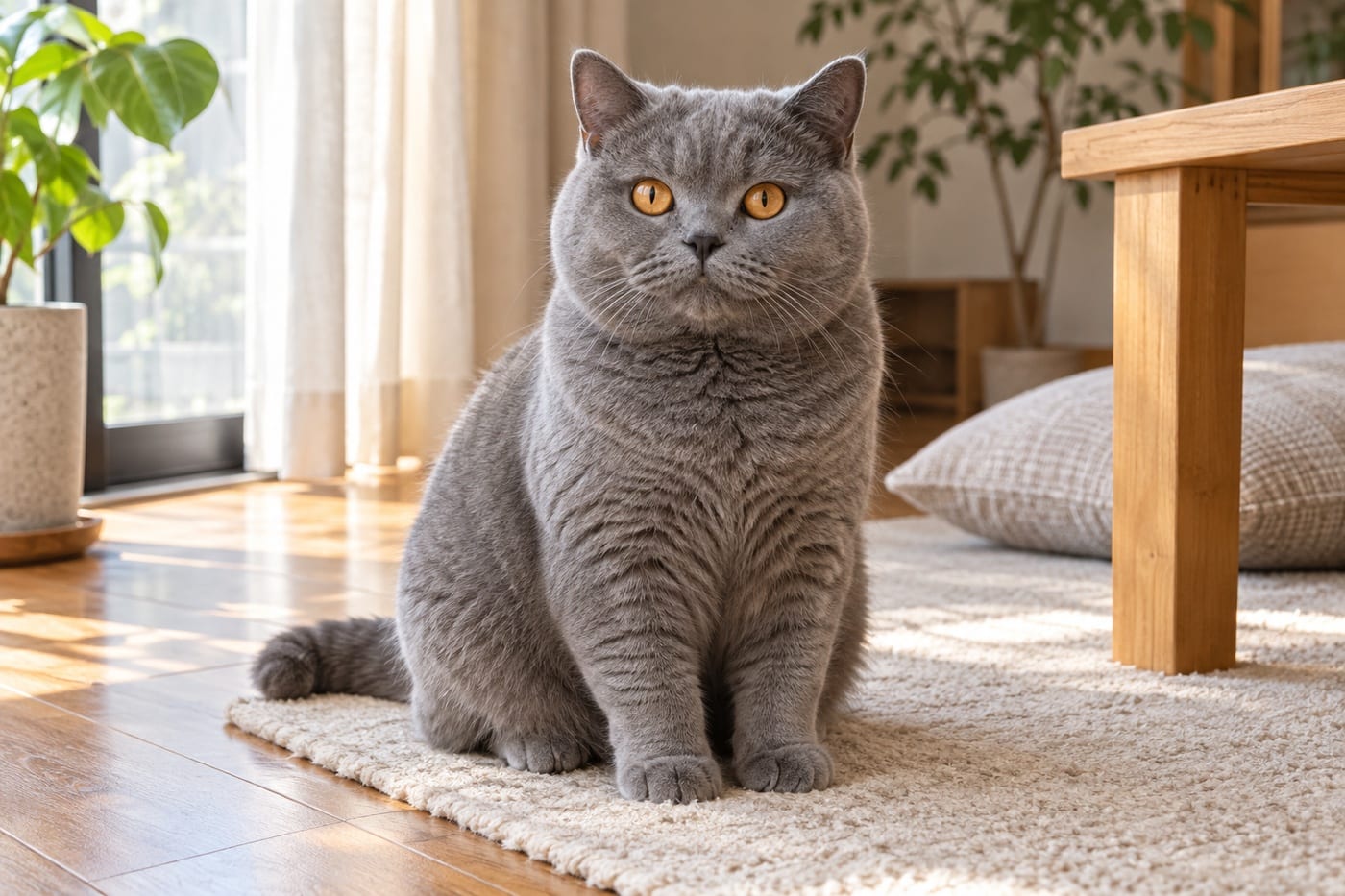 敷物の上に座る、むらのない青みがかった灰色の短毛で、オレンジがかった金色の目をしたブリティッシュショートヘアの成猫