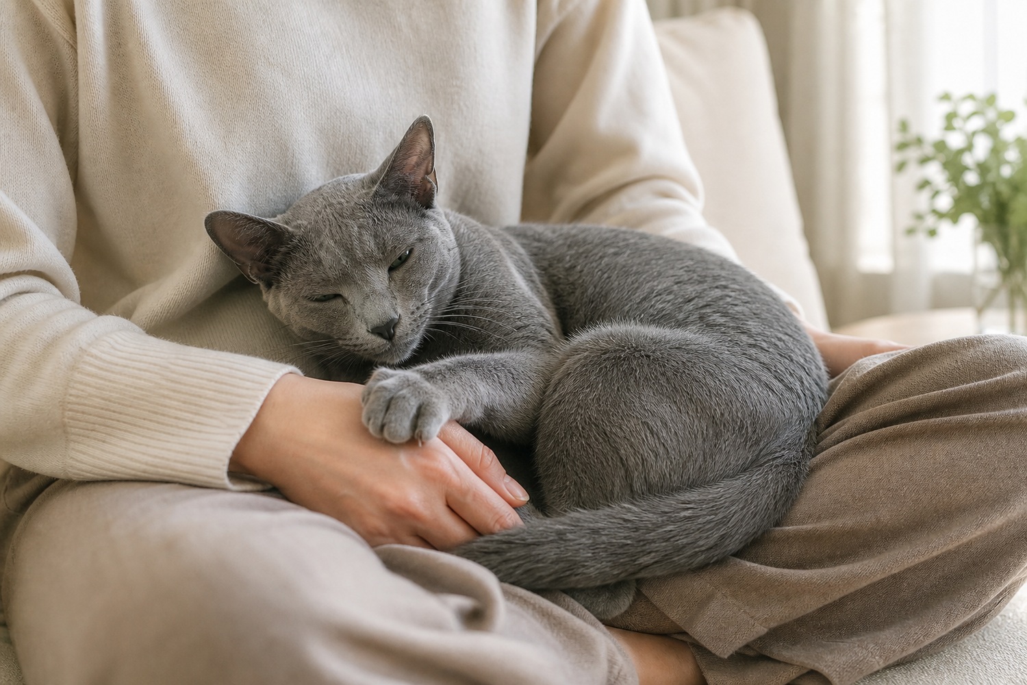飼い主の膝の上で丸まり、手に前足を添えて甘えるロシアンブルー。慣れた人にだけ深く懐く「犬のような猫」の一面