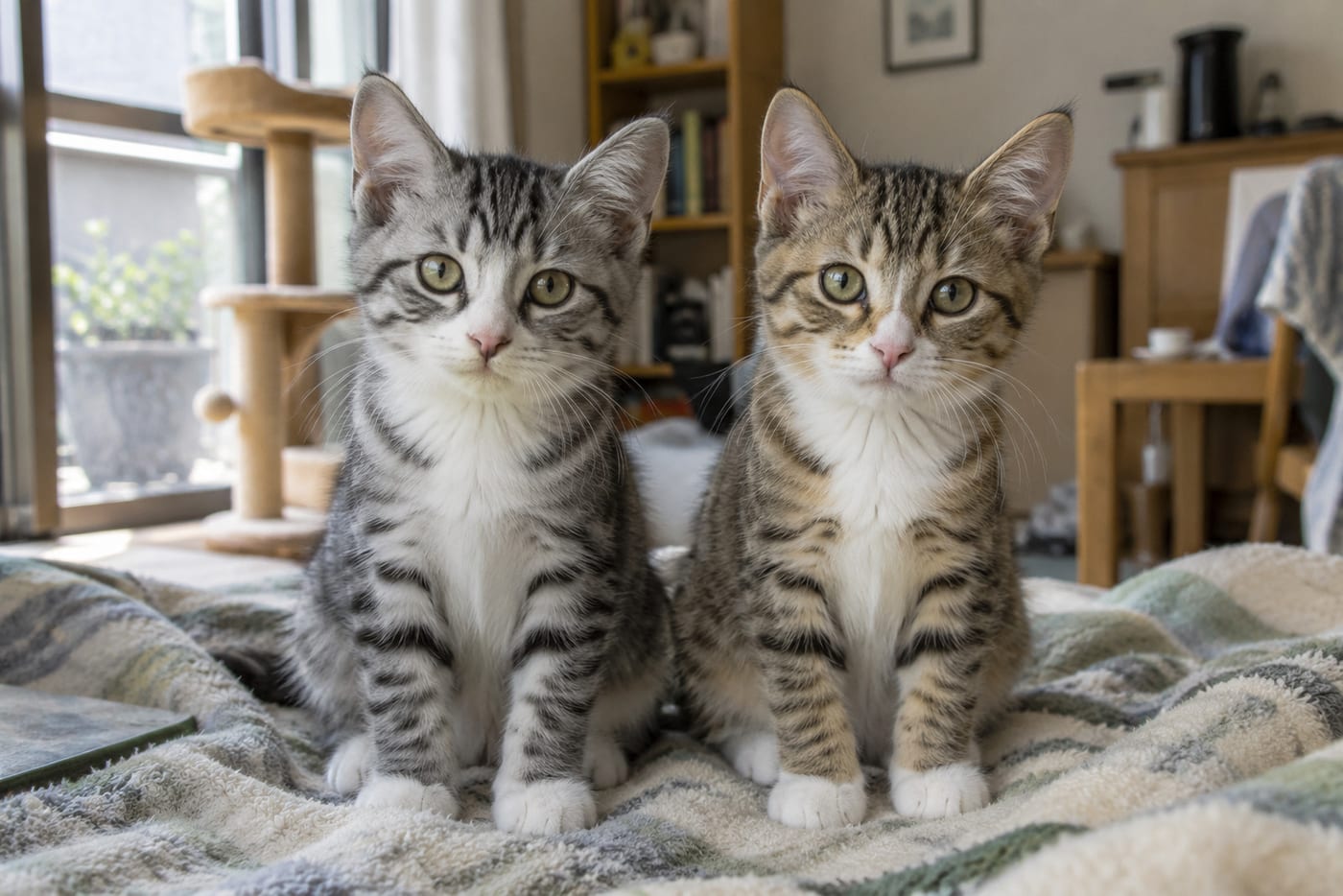並んで座る、銀灰色に黒い縞のサバ白の子猫（左）と、茶色に黒い縞のキジ白の子猫（右）。どちらも胸が白い