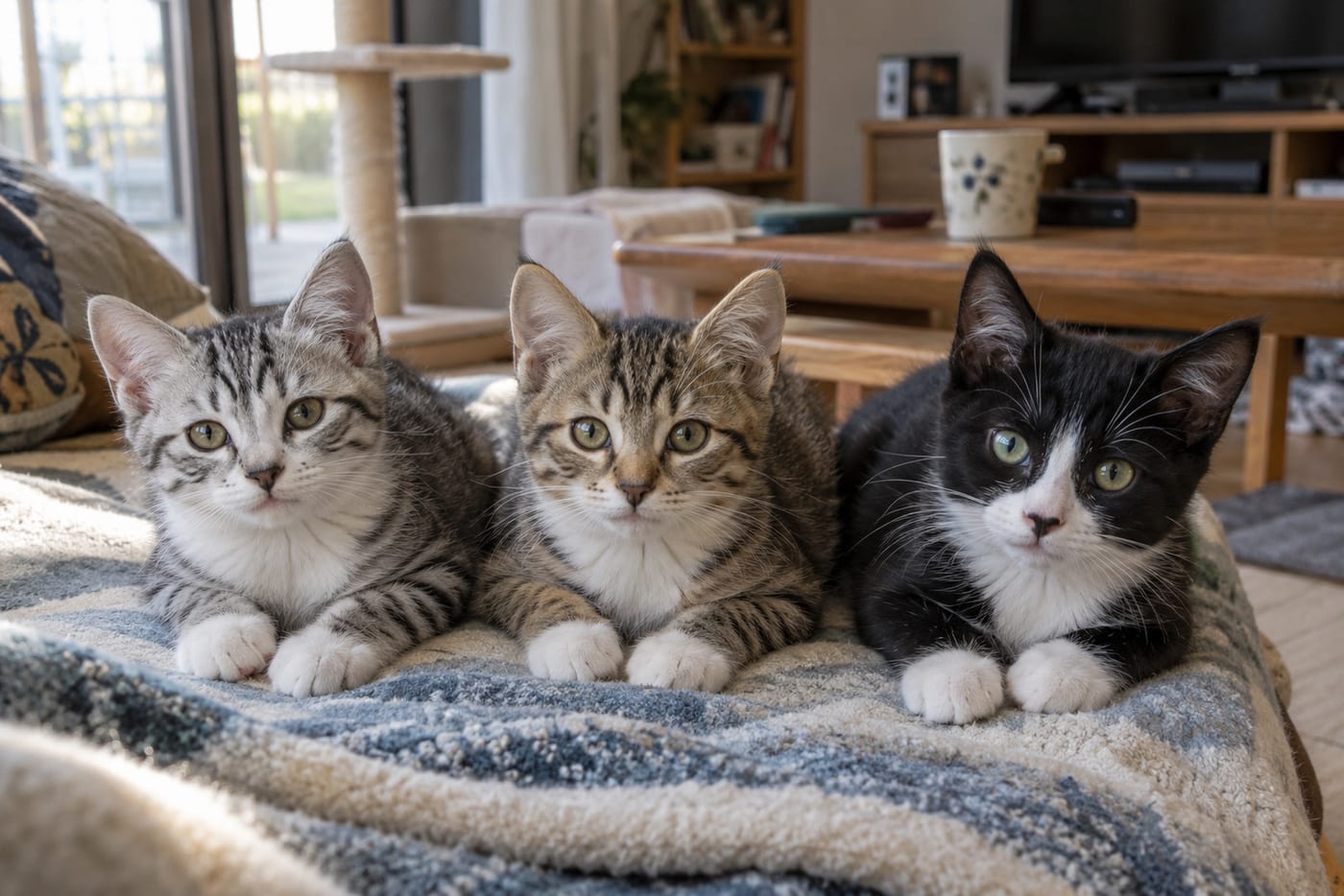 毛布の上に並ぶ3頭の子猫。銀灰色に黒い縞のサバ白、茶色に黒い縞のキジ白、黒白が1頭ずつ