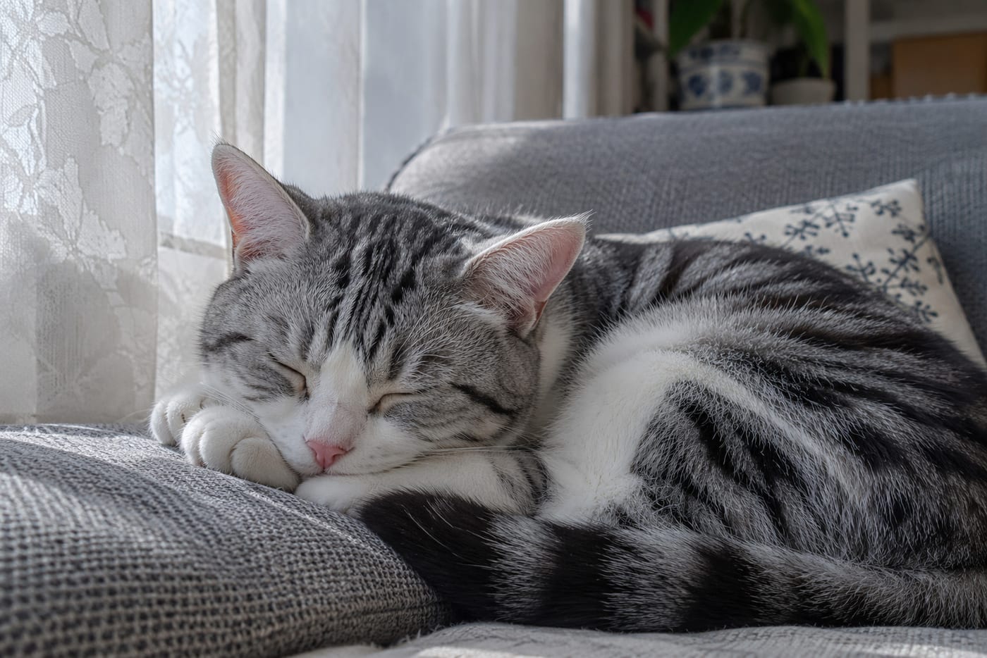 レースカーテン越しのやわらかい日差しの中で丸くなって眠る、サバ白の猫。口元と鼻のまわりが白く、鼻はピンク色