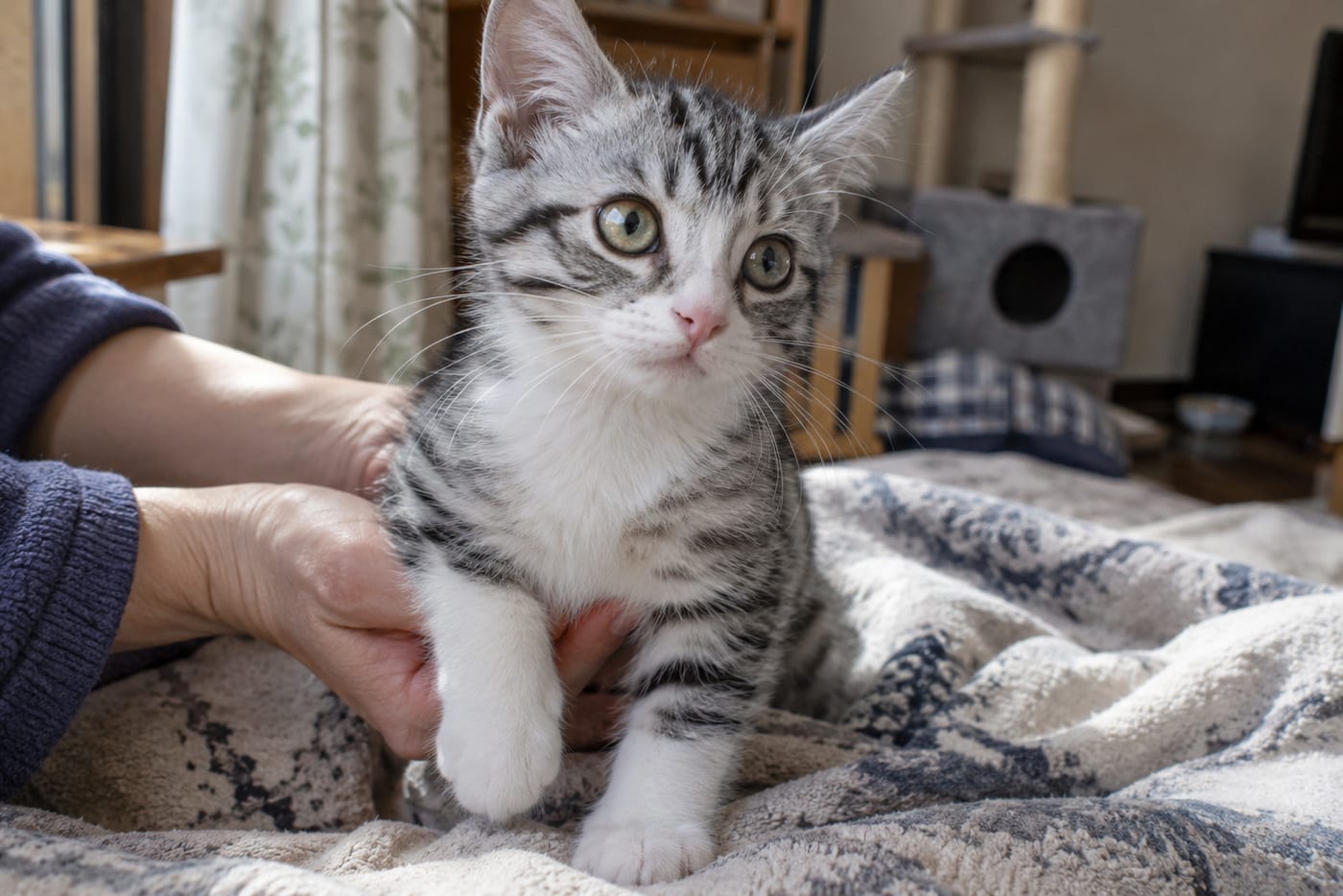 サバ白の子猫を両手でそっと支える人の手元。銀灰色の縞と白い胸元が見える