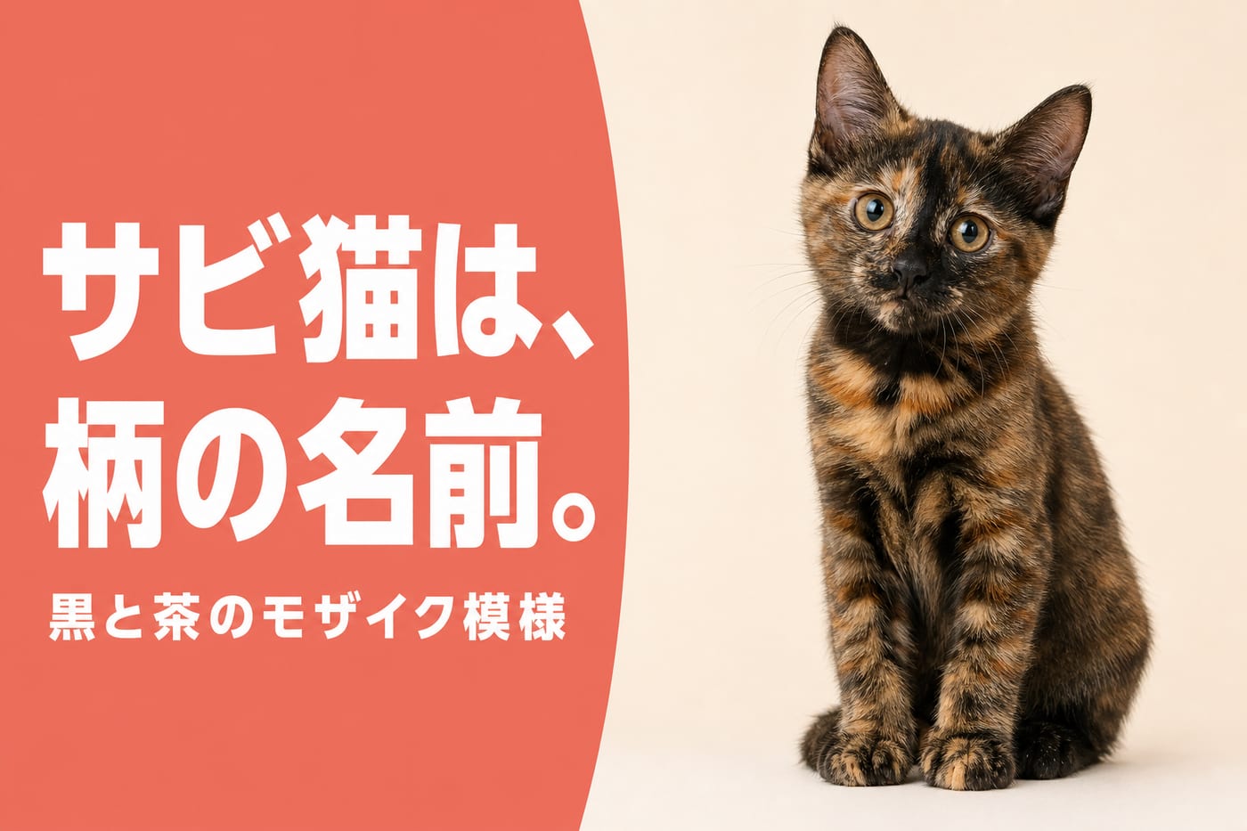 サビ猫は柄の名前と伝えるサーモン帯バナーと黒と茶のモザイク柄の子猫