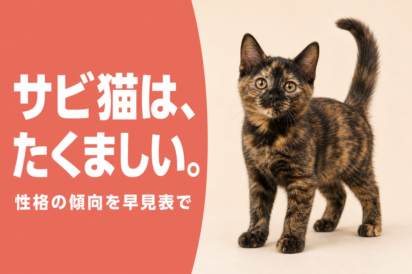 サビ猫はたくましいと伝えるサーモン帯バナーとしっぽを立てて歩み寄るサビ柄の子猫