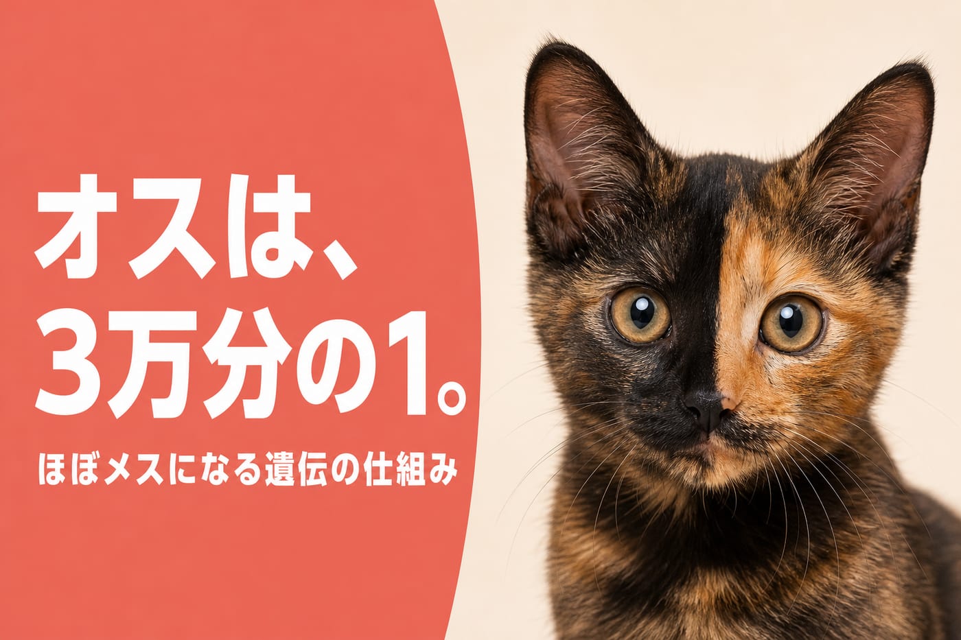 オスは3万分の1と伝えるサーモン帯バナーと顔が黒と茶で分かれたサビ柄の子猫