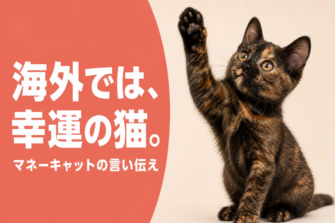 海外では幸運の猫と伝えるサーモン帯バナーと片手を上げるサビ柄の子猫