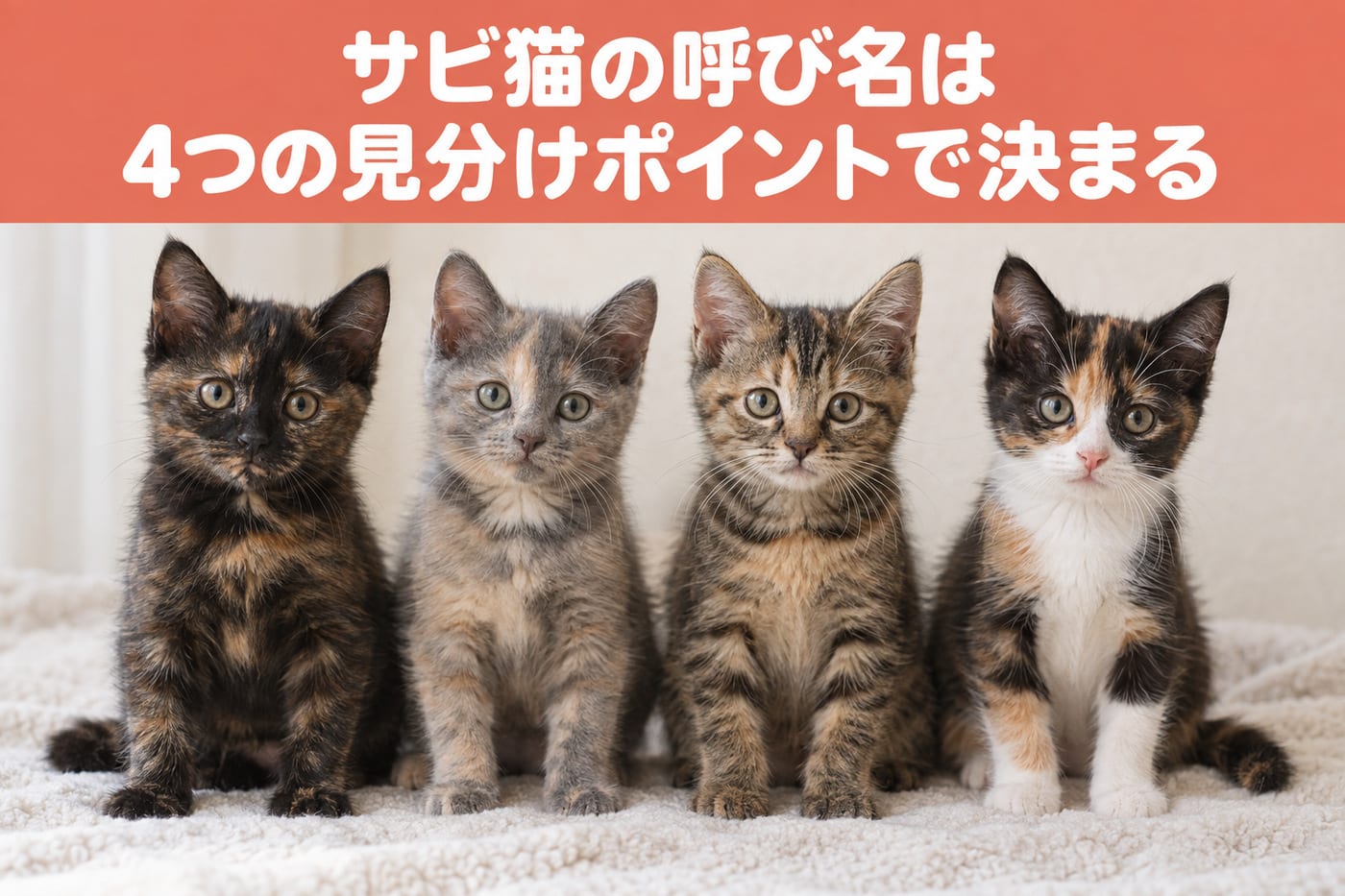 「サビ猫の呼び名は4つの見分けポイントで決まる」の文字と、左から黒サビ・灰サビ（パステルサビ）・縞のあるキジサビ・白の入ったサビ白の子猫4匹が並んで座っている