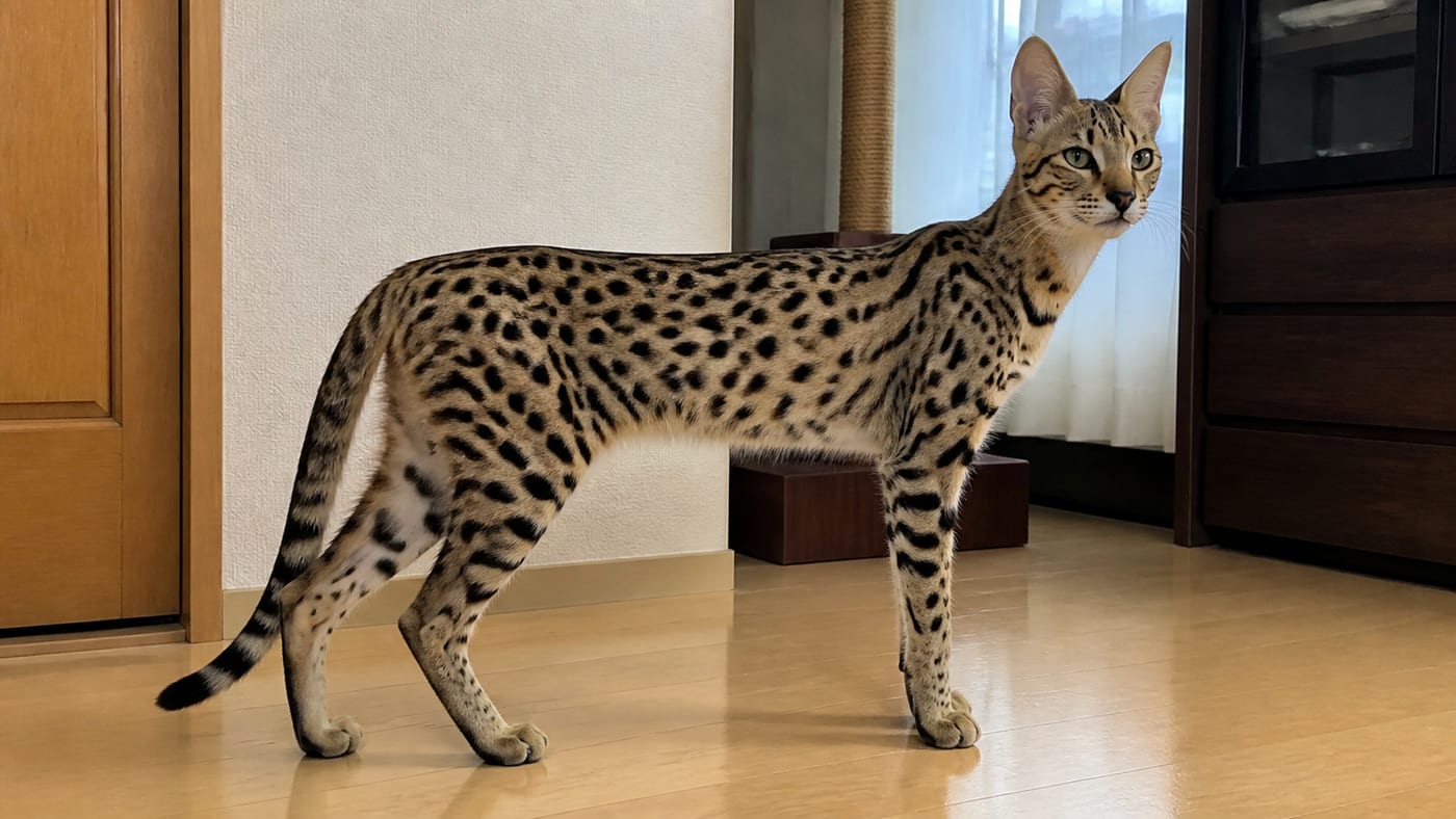 脚の長さと耳の大きさが分かる、横向きに立つサバンナキャットの全身