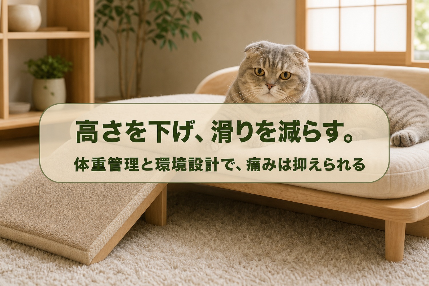 低めのベッドで穏やかにくつろぐスコティッシュフォールドと、床からつながるなだらかなスロープ。高さを下げ、滑りを減らす——体重管理と環境設計で痛みは抑えられる