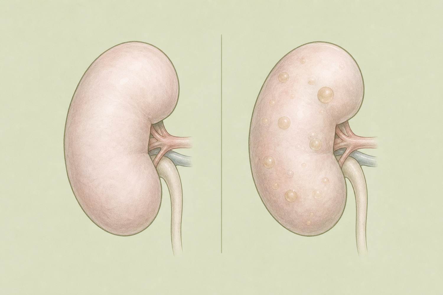 健康な腎臓(左)とPKDで嚢胞ができた腎臓(右)を並べた水彩の医学イラスト。嚢胞を控えめに表現した非グロな比較図