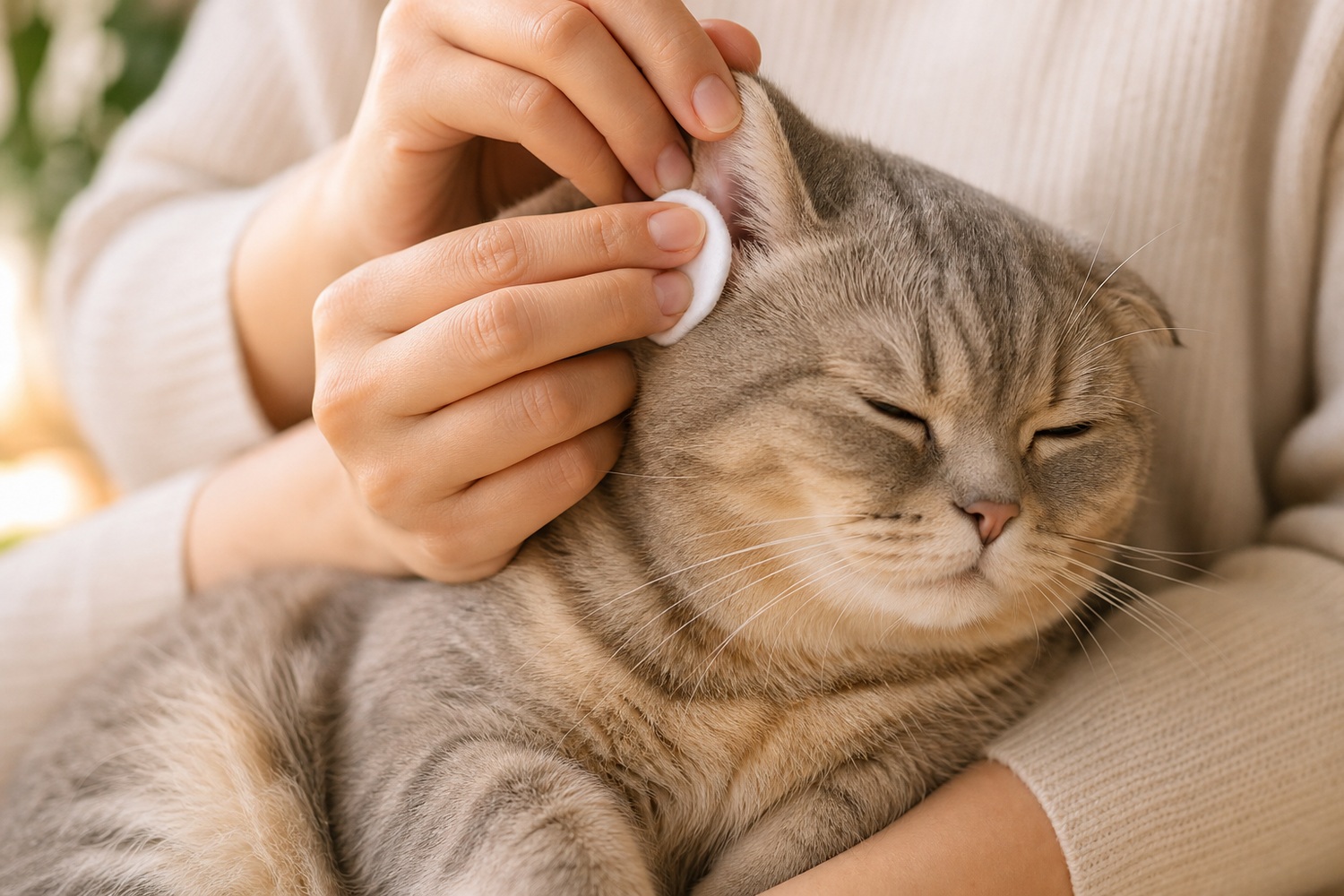 飼い主の膝の上で、折れた耳をそっと持ち上げ清潔なコットンで耳を拭いてもらうスコティッシュフォールド。月1〜2回の優しい耳掃除が外耳炎を防ぐ