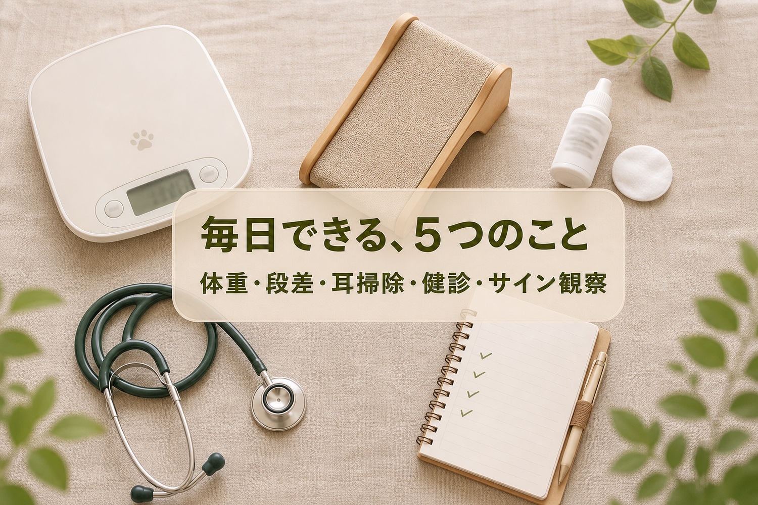 体重計・スロープ・耳洗浄液とコットン・聴診器・記録ノートを並べたフラットレイ。毎日できる5つのこと——体重・段差・耳掃除・健診・サイン観察