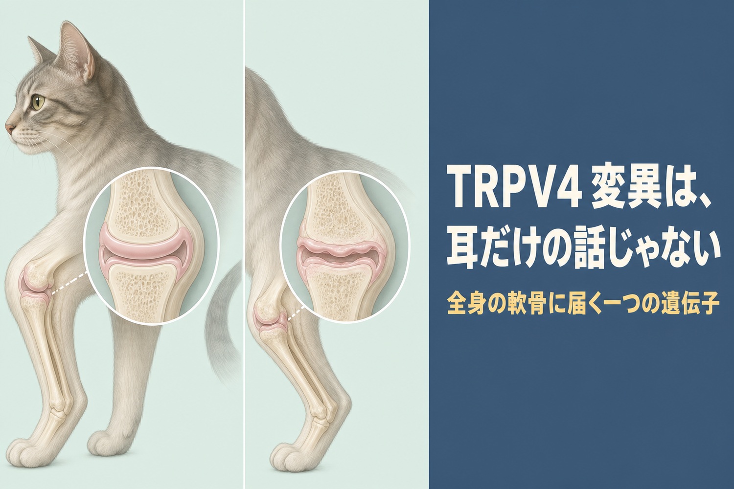 正常な軟骨とやや薄くなった軟骨を比べた関節断面の水彩医学イラスト。TRPV4変異は耳だけの話じゃない、全身の軟骨に届く一つの遺伝子